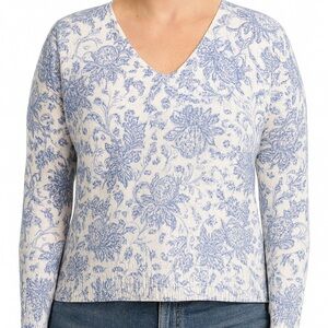 LOFT women's blue and white floral v-neck knit sweater medium
